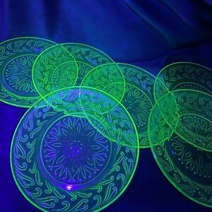 Vintage Uranium Vaseline Depression Green Glass Scrolled Plates-Set of 6